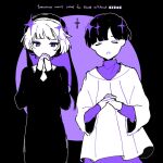  2boys black_background black_hair copyright_name cross facing_viewer looking_at_viewer multicolored_background multiple_boys open_mouth ori_(twcftw) praying purple_background purple_eyes rem_(twcftw) sesam344 short_hair sketch tomorrow_won&#039;t_come_for_those_without white_hair 