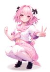  1boy absurdres astolfo_(fate) astolfo_(sailor_paladin)_(fate) black_bow black_footwear black_ribbon bow braid commentary cropped_shirt fate/grand_order fate_(series) full_body grin hair_bow hair_intakes hair_ribbon highres loafers long_braid long_hair looking_at_viewer lucitan male_focus midriff_peek miniskirt multicolored_hair navel neckerchief official_alternate_costume otoko_no_ko pink_hair pink_neckerchief pink_sailor_collar pink_skirt pleated_skirt purple_eyes ribbon sailor_collar school_uniform serafuku shirt shoes short_sleeves single_braid skirt smile squatting streaked_hair thighhighs toned toned_male v white_hair white_shirt white_thighhighs 