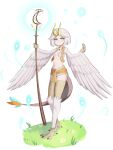  1girl bird_legs blush breasts claws commentary english_commentary feathered_wings flower-shaped_pupils glowing_staff grass green_eyes grey_hair grey_wings harpy highres holding holding_staff horns monster_girl navel orange_vest original revealing_clothes short_hair sifserf small_breasts smile solo staff standing symbol-shaped_pupils tail talons vest white_background winged_arms wings 