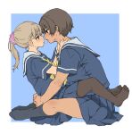  2girls after_kiss black_pantyhose black_socks blue_shirt blue_skirt brown_hair dark-skinned_female dark_skin eye_contact highres hug kei_(m_k) looking_at_another m_k multiple_girls open_mouth original pantyhose ponytail rika_(m_k) saliva saliva_trail school_uniform serafuku shirt short_hair sitting size_difference skirt socks tomboy tongue tongue_out yuri 