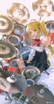  1girl absurdres black_skirt blonde_hair bocchi_the_rock! brown_eyes character_name drum drum_set drumsticks highres holding holding_drumsticks ijichi_nijika instrument looking_at_viewer neck_ribbon open_mouth outstretched_arm parted_bangs pleated_skirt red_ribbon ribbon romaji_text school_uniform shirt sidelocks sitting skirt solo sweatdrop weibo_logo weibo_username white_shirt z3zz4 