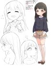  1girl ? black_hair blunt_bangs breasts collarbone full_body highres light_blush long_hair long_sleeves looking_at_viewer multiple_views okura-chan_(at_nya5) open_mouth original parted_lips reference_sheet shirt shoes shorts solo sweater translation_request 