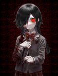  1girl absurdres ahoge bags_under_eyes black_hair blood blood_on_clothes blood_on_face blood_on_hands blood_on_knife blush bow bowtie braid closed_mouth collared_shirt diu9you dress_shirt fingernails grey_jacket hair_over_one_eye highres holding holding_knife jacket knife kurai_yonaka long_hair long_sleeves mogeko_castle pale_skin plaid plaid_bow plaid_bowtie plaid_skirt pleated_skirt red_bow red_bowtie red_eyes red_skirt school_uniform shirt skirt slit_pupils smile solo split_mouth standing twin_braids white_shirt 