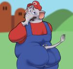  anthro belly big_belly big_butt blush bodily_fluids butt butt_focus clothed clothing digital_media_(artwork) elephant elephant_mario elephantid facial_hair grey_body grey_skin hair hat headgear headwear huge_butt humanoid looking_at_viewer looking_back male mammal mario mario_(series) mario_bros mustache nintendo overweight overweight_male presenting proboscidean rear_view shi_(artist) simple_background solo super_mario_bros_wonder sweat sweatdrop tail thick_thighs topwear trunk wide_hips 