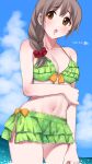  1girl absurdres bare_shoulders bikini blue_sky blush bow braid breasts brown_hair cleavage cloud collarbone cowboy_shot dated dot_nose frilled_bikini frills front-tie_bikini_top front-tie_top green_bikini hair_ornament hair_scrunchie hand_up highres holding_own_arm idolmaster idolmaster_cinderella_girls idolmaster_cinderella_girls_starlight_stage larmen_sennin long_hair looking_at_another medium_breasts navel open_mouth orange_bow red_scrunchie scrunchie senkawa_chihiro side_slit signature single_braid sky splashing standing swimsuit water 