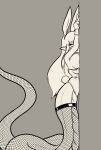  apode big_breasts breast_squish breasts draconcopode fake_ears fake_rabbit_ears fake_rabbit_tail fake_tail female hair hi_res humanoid_pointy_ears lamia leaning_on_wall legless looking_at_viewer monochrome reptile scalie serpentine snake solo split_form squish tail zedrin 