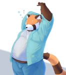  2023 absurd_res ailurid anthro bari_mu bottomwear brown_body clothing eyes_closed hi_res humanoid_hands kemono male mammal overweight overweight_male pants red_panda shirt simple_background solo stretching topwear 
