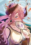  1girl blue_eyes blurry blush breasts cleavage collarbone depth_of_field draph fan_to_mouth granblue_fantasy hair_over_one_eye hand_fan highres horns japanese_clothes kimono koi large_breasts long_hair narmaya_(granblue_fantasy) parted_bangs pink_hair pink_pupils pizzicato_il pointy_ears ponytail solo very_long_hair wide_sleeves yukata 