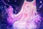  1girl absurdres ahri_(league_of_legends) animal_ears blonde_hair blue_eyes breasts dress facial_mark flute_(artist) fox_girl highres k/da_(league_of_legends) league_of_legends lipstick long_hair makeup medium_breasts parted_lips pink_lips solo upper_body whisker_markings white_dress 