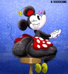  &lt;3 anthro big_butt black_body black_eyes blinking bottomwear breasts butt chair clothing disney female footwear furniture gloves handwear hat headgear headwear hi_res huge_butt mammal minnie_mouse mouse murid murine rodent shoes sitting skirt solo tail thedeathcrow05 