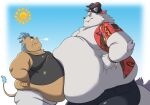  aloha_shirt anthro behemoth_(housamo) belly belly_to_belly big_belly blue_hair brown_body brown_fur clothing duo fur gouryou hair hi_res lifewonders male mammal monster overweight pattern_clothing pattern_shirt pattern_topwear pokelai shirt snort suid suina sus_(pig) tank_top tokyo_afterschool_summoners topwear white_body white_fur wild_boar 