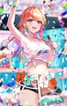 1girl bow confetti earrings feather_earrings feathers half-skirt highres hololive hololive_english jewelry long_hair microphone midriff navel open_mouth orange_hair purple_eyes shirt shorts smile solo sowon sweat t-shirt takanashi_kiara tied_shirt virtual_youtuber 