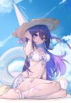  1girl absurdres ankle_cuffs ball barefoot bikini blue_sky breasts caisena cloud commentary_request day hat highres honkai:_star_rail honkai_(series) innertube long_hair looking_at_viewer medium_breasts navel purple_eyes purple_hair seele_(honkai:_star_rail) sitting sky solo stomach sun_hat swimsuit thigh_strap thighs very_long_hair volleyball_(object) white_bikini 