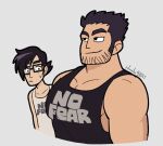  1boy 2boys bara beard_stubble black_hair black_tank_top clothes_writing cropped_torso from_side gideon_gordon_graves girl_staring_at_guys_chest_(meme) huge_eyebrows large_pectorals looking_ahead looking_at_another looking_at_pectorals lucas_lee male_focus matching_outfits meme multiple_boys muscular muscular_male nunu_(nunu91011) official_alternate_costume official_style pectoral_cleavage pectorals scott_pilgrim_takes_off short_hair sidepec smile solo tank_top yaoi 