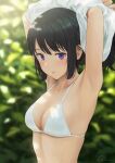  1girl armpits arms_behind_head arms_up artist_name bikini black_hair blunt_tresses blurry blush breasts clothes_lift commentary_request crossed_arms dappled_sunlight day depth_of_field hibike!_euphonium highres kousaka_reina lifted_by_self long_hair looking_at_viewer omoneri outdoors parted_lips purple_eyes shirt shirt_lift sidelocks signature small_breasts solo string_bikini sunlight swimsuit undressing upper_body vegetation white_bikini white_shirt 