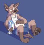  absurd_res anthro barefoot beverage blue_background blue_boxer_briefs blue_clothing blue_underwear blush bodily_fluids boxer_briefs brown_body brown_eyes brown_fur brown_nose brown_pawpads bulge clothing cum english_text erection_in_underwear feet fluid_on_mouth fur genital_fluids half-closed_eyes hand_on_stomach hi_res hyena male mammal mushketeery mushy_(mushketeteery) narrowed_eyes open_mouth pawpads precum shadow shirt simple_background sitting solo spots stained_clothing stained_shirt sweat tank_top text tongue_showing topwear underwear white_clothing white_shirt white_tank_top white_topwear 