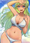  1girl arm_up bikini blue_eyes blue_sky blunt_bangs breasts c_(theta) cleavage cloud cloudy_sky commentary_request cowboy_shot curvy day eyelashes green_hair highres idolmaster idolmaster_million_live! large_breasts long_hair looking_at_viewer navel o-ring o-ring_bikini open_mouth outdoors shading_eyes shimabara_elena signature skindentation sky smile solo stomach swimsuit tan thighs v white_bikini 