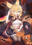  1girl :d animal_ears arknights bandage_over_one_eye bandaged_arm bandages bat_(animal) black_cape black_pantyhose black_skirt blush bone_print breasts candy cape cleavage commentary fangs food green_eyes hair_between_eyes hair_ornament halloween_bucket highres holding holding_candy holding_food kroos_(arknights) kroos_(the_mag)_(arknights) looking_at_viewer medium_breasts medium_hair navel no_noru one_eye_covered open_mouth pantyhose pumpkin rabbit_ears red_cape sarashi shirt skirt skull_hair_ornament smile solo target teeth tongue two-sided_cape two-sided_fabric upper_teeth_only yellow_shirt 