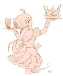  1girl apron back_bow backless_outfit bow catherine_suh commission commissioner_upload facing_to_the_side food from_side holding holding_food looking_at_viewer maid maid_apron monochrome original signature tentacle_hair tray 