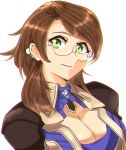  1girl breasts brown_hair cleavage closed_mouth glasses green_eyes highres long_hair looking_at_viewer shion_uzuki simple_background smile solo to_(tototo_tk) white_background xenosaga xenosaga_episode_i 