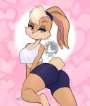  anthro bedroom_eyes blonde_hair bottomwear breasts butt cheek_tuft cleavage clothed clothing crop_top facial_tuft female fur gym_bottomwear gym_clothing gym_shorts hair half-closed_eyes lagomorph leporid lola_bunny looney_tunes mammal moucchiato narrowed_eyes pink_background rabbit seductive shirt shorts simple_background smile solo tan_body tan_fur tight_clothing topwear tuft warner_brothers 