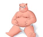  2023 anthro belly blush bulge clothing cute_fangs domestic_pig eyewear givemepudding3 glasses hi_res humanoid_hands kemono male mammal moobs nipples overweight overweight_male simple_background sitting solo suid suina sus_(pig) underwear white_background 