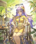  1girl al_guang alternate_costume alternate_hairstyle blue_archive chair china_dress chinese_clothes closed_mouth commentary_request cup dress feet_out_of_frame flower hair_flower hair_ornament hand_fan highres holding holding_fan long_hair looking_at_viewer outdoors paper_fan purple_eyes purple_hair see-through side_slit sitting solo table tassel teacup teapot tree uchiwa vase yellow_dress yellow_flower yuuka_(blue_archive) 