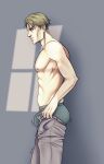  1boy abs ass blonde_hair bouncing_ass bouncing_bulge bulge bulge_lift dressing feet_out_of_frame from_side green_male_underwear grey_pants highres jujutsu_kaisen looking_at_viewer male_focus male_underwear mature_male meme motion_lines nanami_kento navel_hair never_seen_a_guy_recreate_this_(meme) nikki_(secretdiaryart) nipples open_pants pants pants_lift pectorals short_hair sideburns sideways_glance solo standing stomach toned toned_male topless_male undersized_clothes underwear 