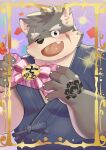  absurd_res amidasuke anthro asian_clothing blush canid canine canis clothing confetti domestic_dog east_asian_clothing eyebrows fur gift grey_body grey_fur hi_res japanese_clothing kimono lifewonders male mammal moritaka one_eye_closed scar smile solo thick_eyebrows tokyo_afterschool_summoners wink 