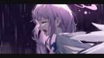  1girl absurdres blue_archive blue_bow bow capelet closed_eyes commentary_request crying feathered_wings from_side halo highres letterboxed long_hair mika_(blue_archive) open_mouth pink_hair profile rain roi_(liu_tian) solo tears white_capelet white_wings wings 