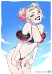  bikini black_lips blonde_hair blue_hair blue_sky breasts cloud cloudy_sky freckles grin harley_quinn harley_quinn_(cartoon) inflatable_armbands kajin_(kajinman) makeup micro_bikini multicolored_clothes multicolored_hair multicolored_swimsuit nail_polish patreon_username pink_hair sky small_breasts smile swimsuit 