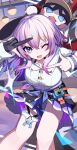  1girl black_gloves blue_eyes esu_3101 finger_frame gloves highres honkai:_star_rail honkai_(series) long_hair march_7th_(honkai:_star_rail) partially_fingerless_gloves pink_hair pom-pom_(honkai:_star_rail) purple_skirt red_headwear skirt thighs 