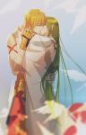  1boy 1other androgynous chain enkidu_(fate) fate/strange_fake fate_(series) glowing glowing_clothes glowing_eyes green_eyes green_hair hair_between_eyes highres long_hair looking_at_viewer male_focus robe rrr_(reason) shirt smile solo upper_body very_long_hair white_robe white_shirt yellow_eyes 