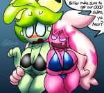  big_breasts black_clothing black_swimwear blue_background blue_clothing blue_swimwear blush blush_lines breasts cleavage clothed clothing dialogue dolliv duo ear_piercing elemental_creature elemental_humanoid embarrassed female flora_fauna generation_9_pokemon green_body huge_breasts humanoid nintendo open_mouth piercing pink_body plant plant_humanoid pokemon pokemon_(species) purple_sclera short_stack simple_background speech_bubble swimwear text thick_thighs tinkaton unfortu-nate white_eyes wide_hips 