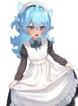  1girl absurdres apron blue_eyes blue_hair commentary freehoney highres long_hair maid maid_apron maid_headdress open_mouth original rurume_(freehoney) solo star-shaped_pupils star_(symbol) symbol-shaped_pupils white_background 