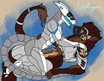  2022 3_toes 5_fingers abs abstract_background antennae_(anatomy) anthro anthro_on_anthro athletic athletic_anthro athletic_male biped blue_claws blue_eyes blue_markings blue_tongue blush brown_body brown_fur butt claws colored countershading cute_fangs digital_drawing_(artwork) digital_media_(artwork) digitigrade duo ear_tuft erection eyebrows feet finger_claws fingers fluffy frottage fur genitals glans glowing glowing_markings grey_body hand_on_back hand_on_shoulder hi_res horn kneeling knot komuros looking_at_another looking_at_partner looking_down looking_up lying machine male male/male markings metallic_body mocha_(nathugar) multicolored_body nathugar navel nude on_back open_mouth pecs penis protogen pupils ridged_penis robot sex side_view signature simple_background slit_pupils smile straddling synth_(vader-san) tail tail_tuft toes tongue tongue_out tuft two_tone_body visor white_body white_countershading 