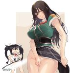  2girls black_hair blush_stickers breasts brown_eyes buttons chikuma_(kancolle) closed_eyes closed_mouth clothing_aside covering_crotch covering_privates fuwafuwatoufu green_jacket groin hair_between_eyes hair_ribbon highres jacket kantai_collection large_breasts light_censor long_hair multiple_girls pelvic_curtain pelvic_curtain_aside ribbon short_sleeves smile tone_(kancolle) twintails twitter_username very_long_hair white_ribbon 