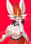  absurd_res ambiguous_gender anthro big_breasts bodily_fluids breast_grab breasts cinderace female female/ambiguous generation_8_pokemon hand_on_breast hi_res human human_on_anthro interspecies lactating mammal nintendo nipples pokemon pokemon_(species) pyroxtra red_background simple_background 