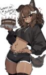  &lt;3 2023 accessory anthro birthday_cake blush breasts cake candle canid canine canis clothed clothing cropped_hoodie dessert dialogue digital_media_(artwork) dolphin_shorts domestic_dog english_text female female_anthro food fur furgonomics g-string hair hair_accessory hand_on_hip hi_res kemono legwear looking_at_viewer mammal midriff portrait puppyypawss smile smiling_at_viewer solo speech_bubble tail tail_accessory talking_to_viewer text thigh_highs three-quarter_portrait underwear 