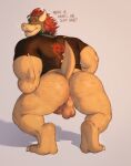  2023 anthro anus back_muscles balls bent_over biceps biped bodily_fluids body_hair bottomless bowser breath butt_hair clothed clothing collar dialogue digital_media_(artwork) english_text erection eyebrows genitals green_body grey_background hair hi_res humanoid_genitalia humanoid_penis koopa male mario_bros mrkeypoo muscular muscular_anthro muscular_male muscular_thighs musk nintendo penis perineum quads red_hair scalie shirt simple_background smile solo spiked_collar spikes sweat talking_to_viewer text thick_thighs topwear vein veiny_penis yellow_body 