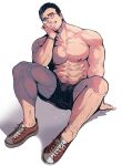 1boy abs bara black_hair black_shorts facial_hair glasses highres large_pectorals male_focus muscular muscular_male navel nipples original pectorals red_footwear rybiok short_hair shorts simple_background sitting smile solo teeth topless_male white_background 
