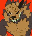  2020 activision anthro black_nose black_sclera brown_body brown_fur crash_bandicoot_(series) fangs fur kingscrafty looking_away male muscular nipples red_background signature simple_background solo spike_(crash_bandicoot) spikes spikes_(anatomy) teeth titan_(crash_bandicoot) 