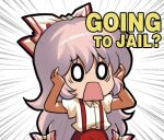  1girl bow chibi chinese_commentary commentary_request emphasis_lines english_text fujiwara_no_mokou hair_bow hands_up jokanhiyou long_hair lowres meme o_o open_mouth pants red_pants shirt solo suspenders touhou very_long_hair white_bow white_hair white_shirt 