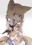 1girl alternate_costume animal_ear_fluff animal_ears arknights bags_under_eyes bleeding blonde_hair blood blue_dress blue_hairband braided_hair_rings bright_pupils broken_toy colored_tips commentary cowboy_shot dress fox_ears fox_tail green_eyes guro hairband hugging_doll hugging_object impaled looking_down looking_to_the_side multicolored_hair multiple_tails nervous_sweating oripathy_lesion_(arknights) parted_lips puffy_short_sleeves puffy_sleeves short_sleeves single_wrist_cuff solo spikes stuffed_animal stuffed_toy suzuran_(arknights) sweat tail teddy_bear turn_pale unitedunti white_pupils white_sleeves wrist_cuffs 