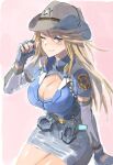  1girl alice_gear_aegis blonde_hair blue_eyes blue_gloves breasts cleavage cleavage_cutout clothing_cutout cowboy_hat cuffs detached_sleeves fingerless_gloves gloves handcuffs hat highres large_breasts long_hair looking_at_viewer one_eye_closed pencil_skirt shirley_oakley short_sleeves simple_background sitting skirt smile solo star_(symbol) suzumaru 