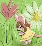  ambiguous_gender anthro brown_hair clothing dress ear_piercing female flower hair lostwisdom mammal mouse murid murine piercing pink_body plant rodent solo 