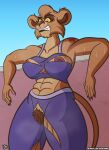  2023 5_fingers abs anthro anthrofied areola arm_tattoo athletic athletic_anthro athletic_female bodily_fluids bottomwear bra breasts brown_areola brown_body brown_fur brown_nipples brown_nose claws clothed clothing digital_media_(artwork) disney exposed_breasts felid female finger_claws fingers fur genitals hairy_pussy hi_res humanoid_hands lion mammal musk navel nipples outside pantherine pants pubes pussy shoulder_tattoo signature sketchybug solo sports_bra sweat tattoo teeth text the_lion_king torn_bottomwear torn_bra torn_clothing torn_pants underwear url vitani 