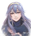  1girl artist_name blue_eyes blue_hair cm_lynarc fire_emblem fire_emblem_awakening hair_between_eyes long_hair looking_at_viewer lucina_(fire_emblem) signature smile solo symbol_in_eye teeth tiara turtleneck upper_body white_background 