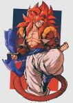  1boy absurdres biceps black_wristband blue_eyes blue_sash body_fur brown_fur dragon_ball dragon_ball_gt full_body gogeta highres looking_at_viewer male_focus metamoran_vest monkey_boy monkey_tail muscular muscular_male no_nipples open_mouth pants pectorals red_hair relio_db318 sash simple_background smile smirk solo spiked_hair super_saiyan super_saiyan_4 tail teeth white_pants 
