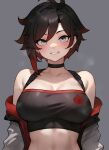  1girl antenna_hair bare_shoulders black_choker black_hair bluefield blush breasts choker cleavage collarbone commentary grey_background grey_eyes head_tilt highres jacket large_breasts looking_at_viewer open_mouth ruby_rose rwby short_hair simple_background smile solo sweat teeth upper_body white_jacket 